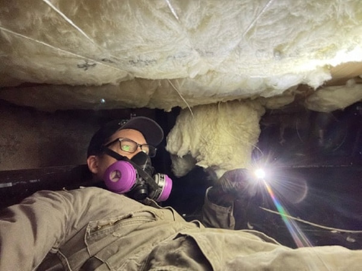Technician inspecting a pier-and-beam crawl space for rodent activity in Dallas, TX